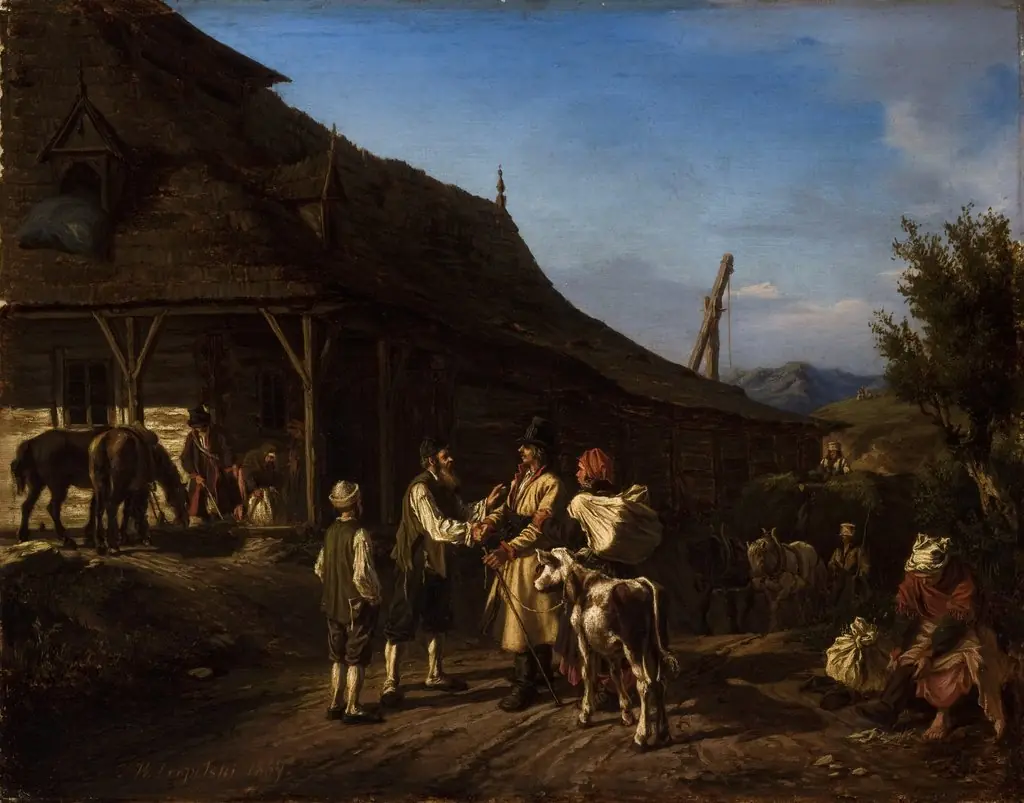 Scene in Front of an Inn, by Wilhelm Leopolski, oil, 1867
