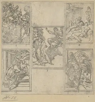 The Obsequies of  Agostino Carracci: Third Plate, by Guido Reni, ink, 1603