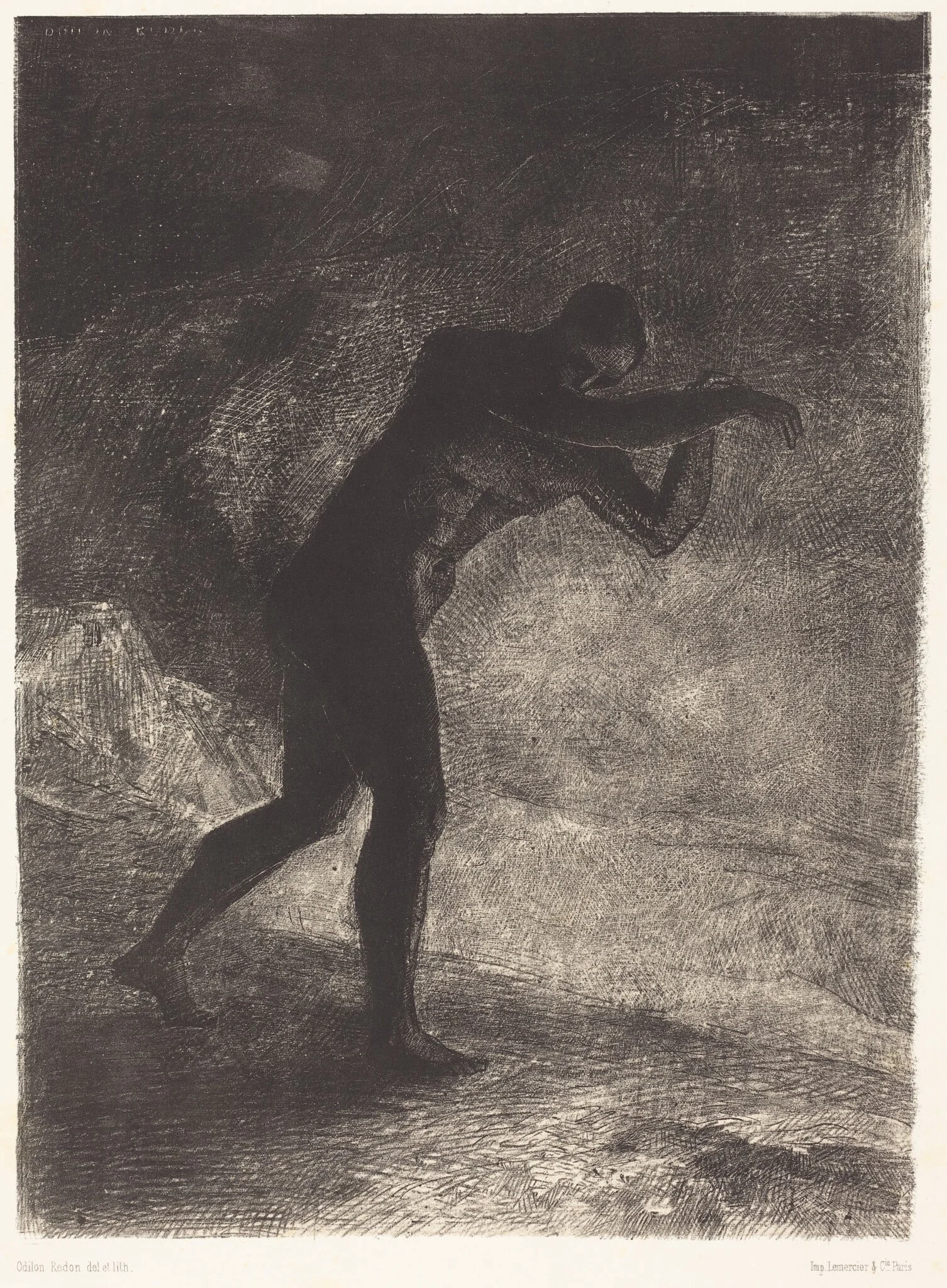 Et l'homme parut, interrogeant le sol d'ou il sort et qui l'attire, il se fraya la voie vers (And Man appeared; questioning theearth from which he emerged and which attracts hi m, he made his way toward somber brightness), detail