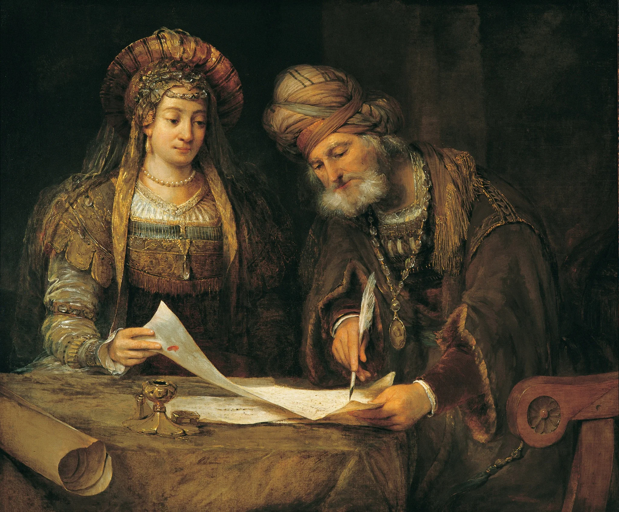 Ester y Mardoqueo escribiendo la primera carta del Purim (Ester, 9:20-21), detail