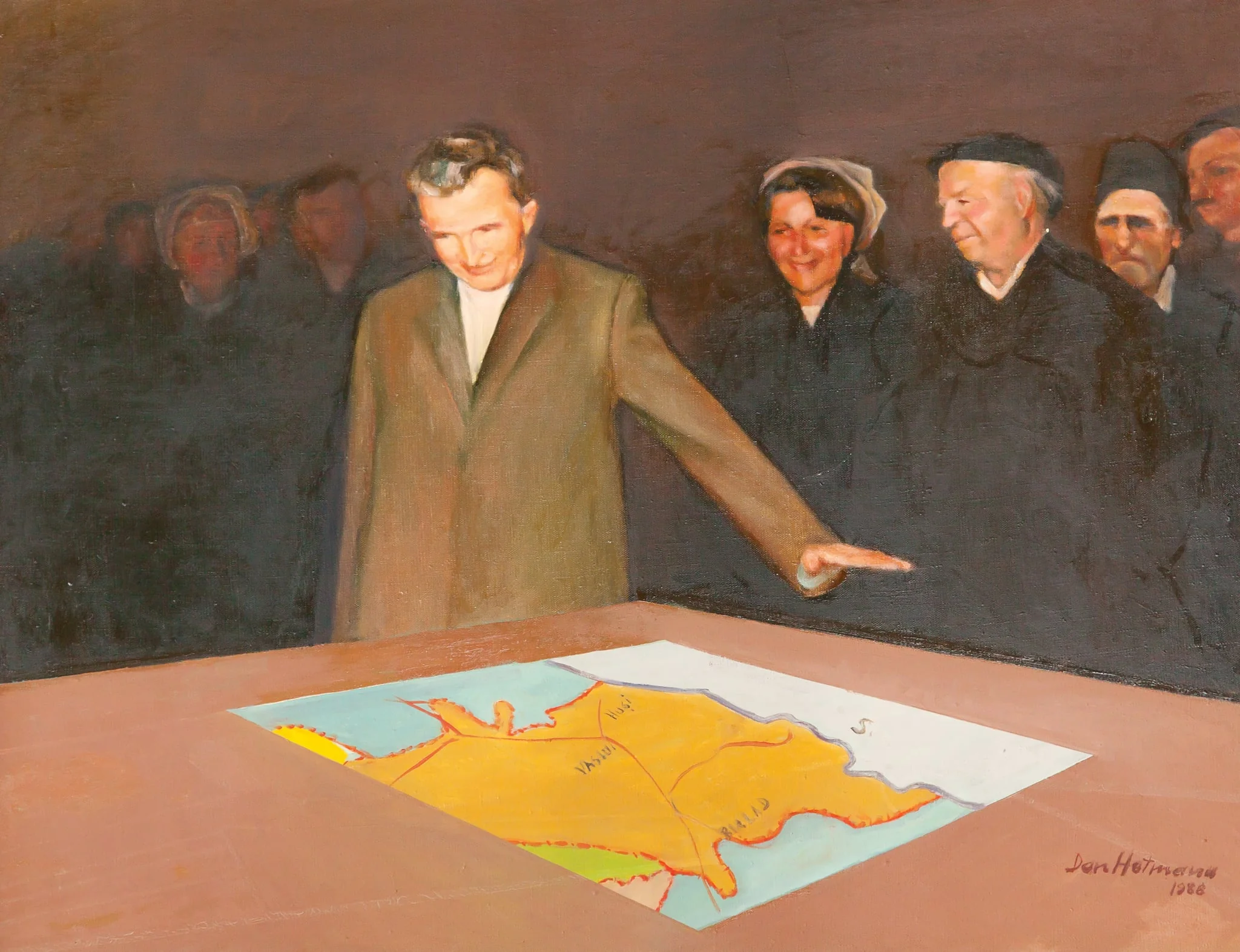 Tablou „Vizită la Vaslui”, semnat Dan Hatmanu și datat dreapta jos. Tabloul îl prezintă pe Nicolae Ceaușescu în timpul unei vizite de lucru alături de oamenii muncii. Comandat pe Comitetul Județean de Partid Vaslui și oferit lui Nicolae Ceaușescu la împlinirea vârstei de 70 de ani (ianuarie 1988)., detail