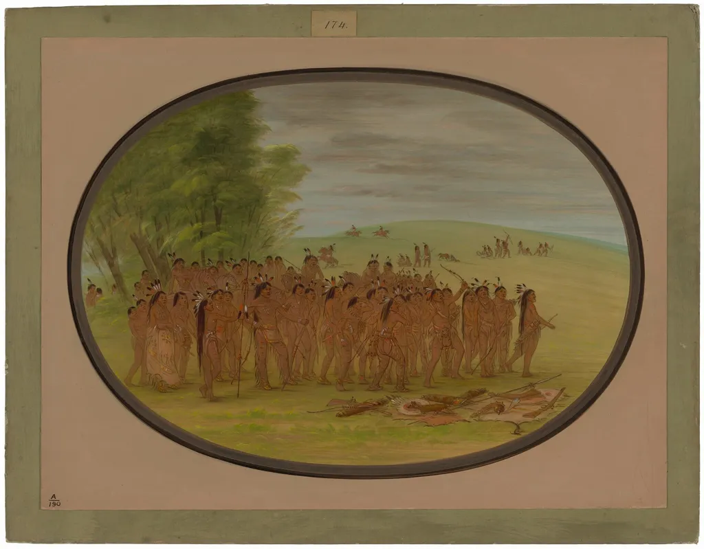 Game of the Arrow - Mandan, by George Catlin, oil, 1865
