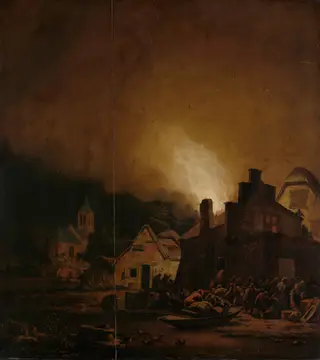 Fire by night in a Village, by Adam Colonia, unspecified, 1668