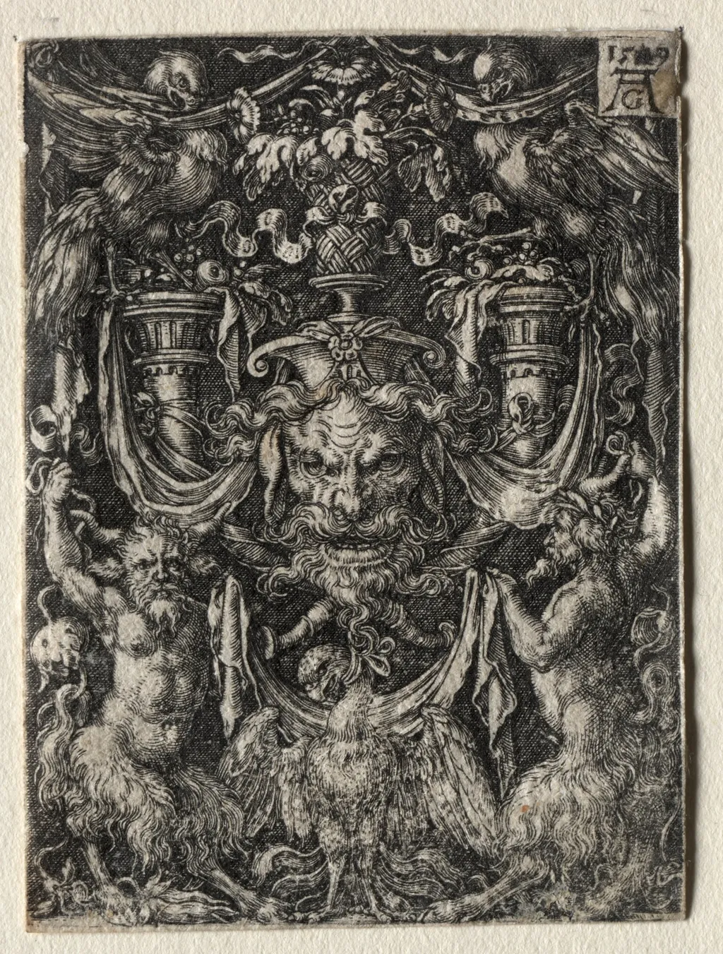Ornament Design with a Mask and an Eagle between Two Fauns Below, by Heinrich Aldegrever, 1509