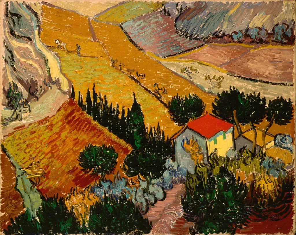 Landscape with House and Ploughman, by Vincent van Gogh, oil, 1889