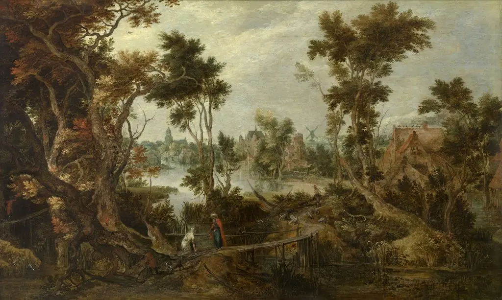Landscape with Prophet Elijah and the Widow of Zarephath, by Gillis d'Hondecoeter, oil, 1613