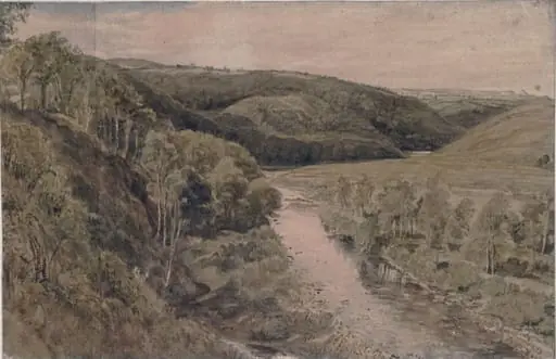 Hilly wooded landscape, by Frederick Lewis, watercolor, 1800