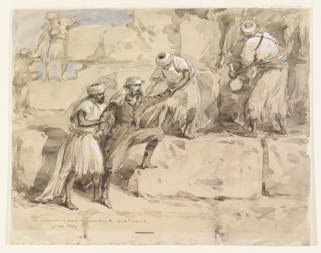 The Emperor of Austria ascending the Great Pyramid, by William Simpson, watercolor, 1869