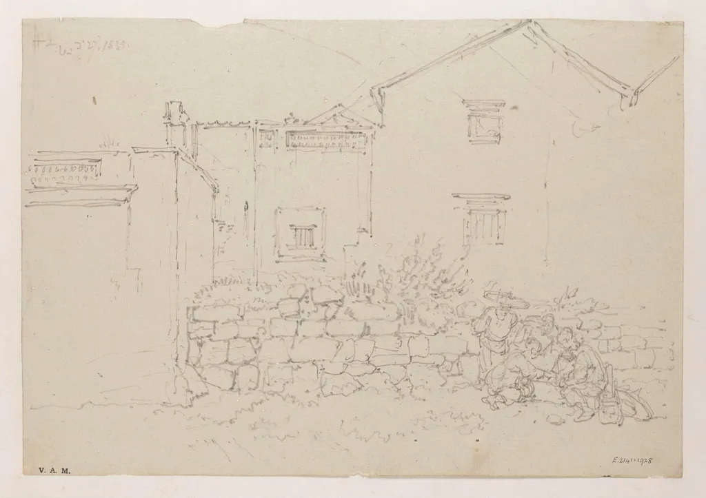 Figures by a stone wall with houses behind, Macau, by George Chinnery, 16