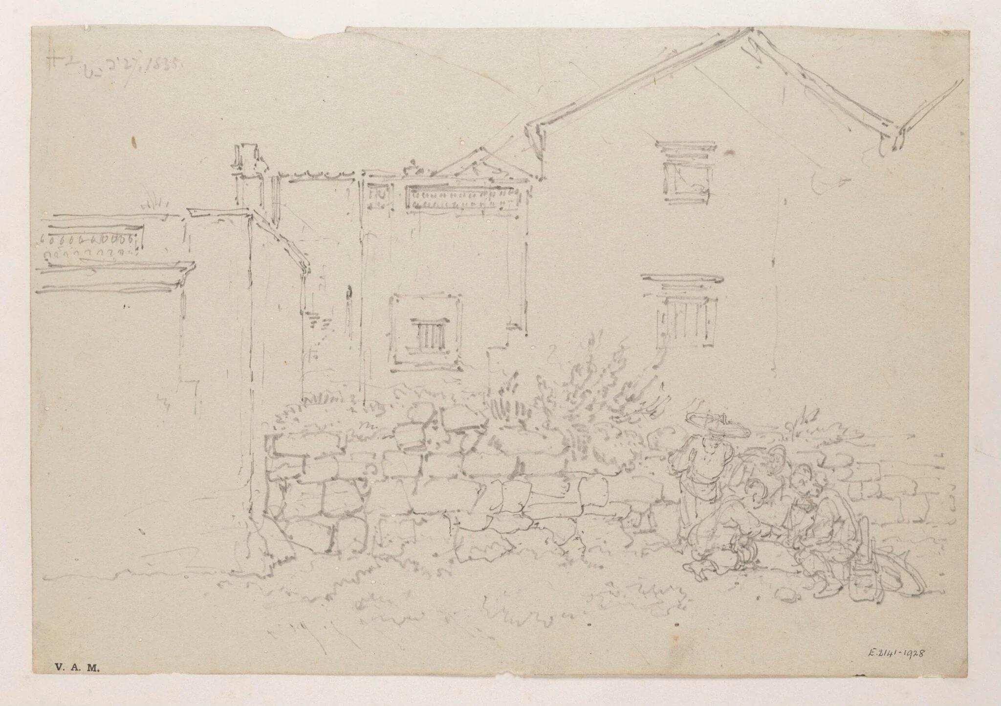 Figures by a stone wall with houses behind, Macau, detail