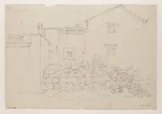 Figures by a stone wall with houses behind, Macau, by George Chinnery, 16