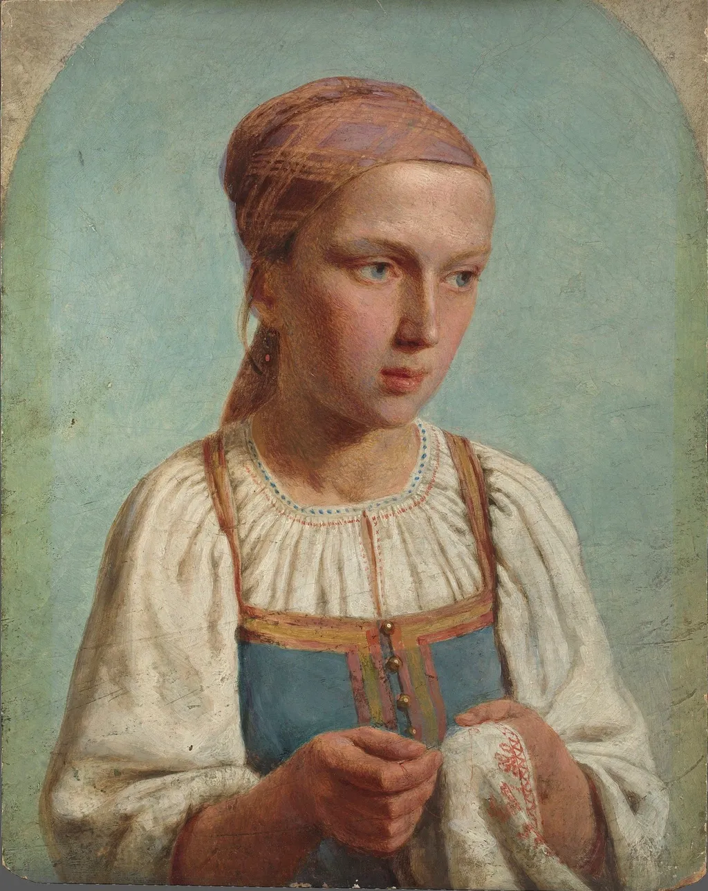 Крестьянская девушка за вышиванием, by Alexey Venetsianov, oil, 1843
