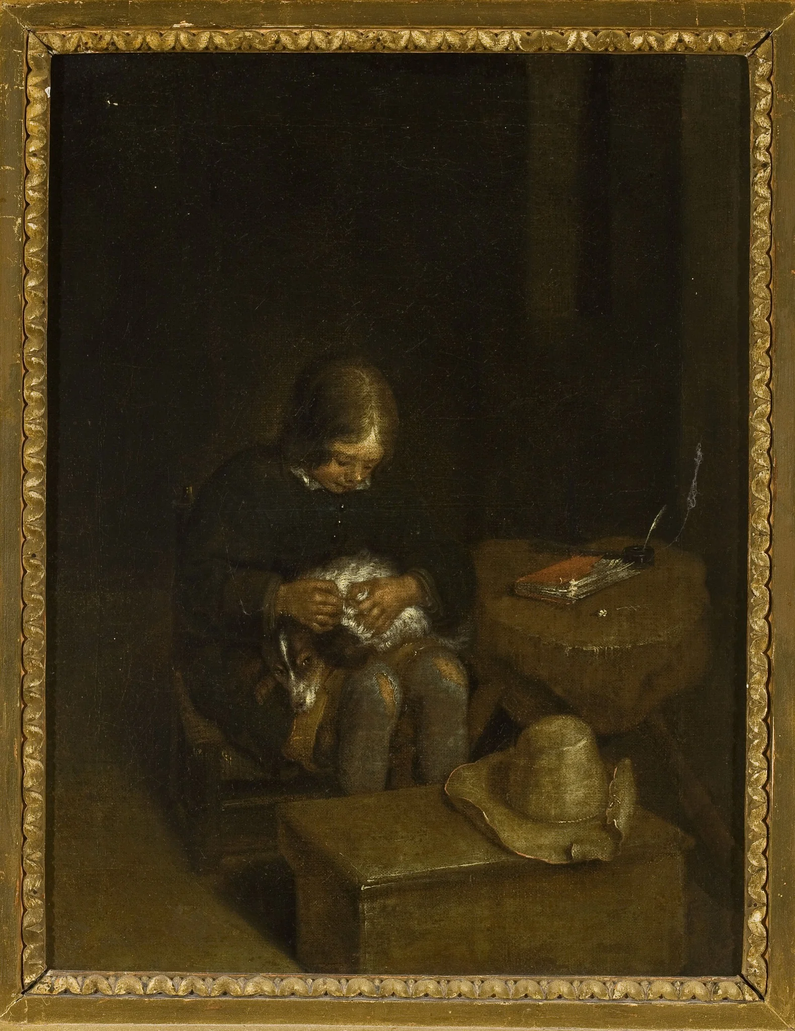 A Boy Lousing a Dog, detail
