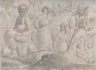 Figures in a wooded landscape, by Cyril Goldie, watercolor, 1912