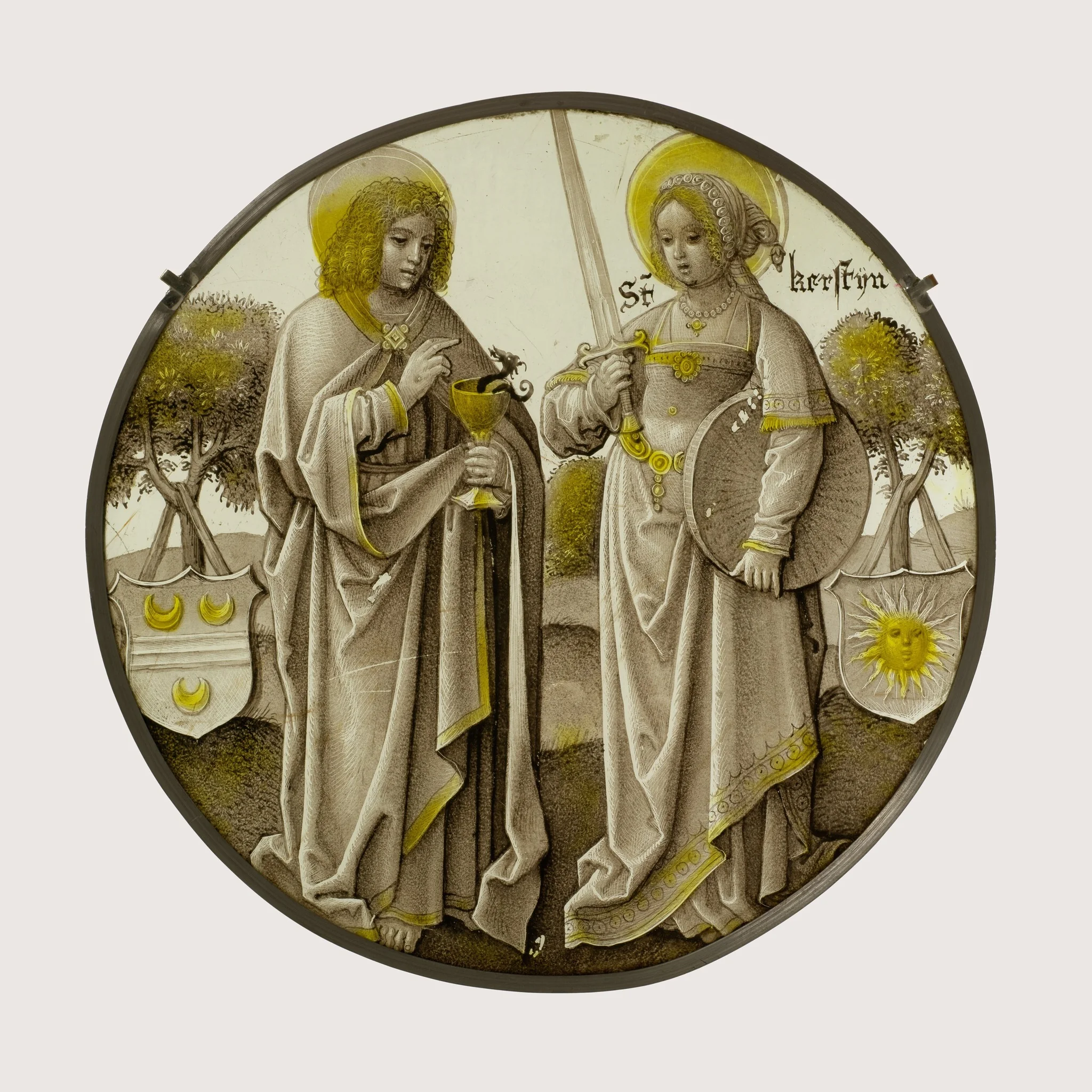 Heraldic Roundel with Saints John the Evangelist and Christina, detail