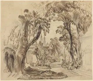 A Tree-lined Garden Path (Preliminary Sketch for "Sleeping Beauty and the Beast"?), by Robert Caney, ink