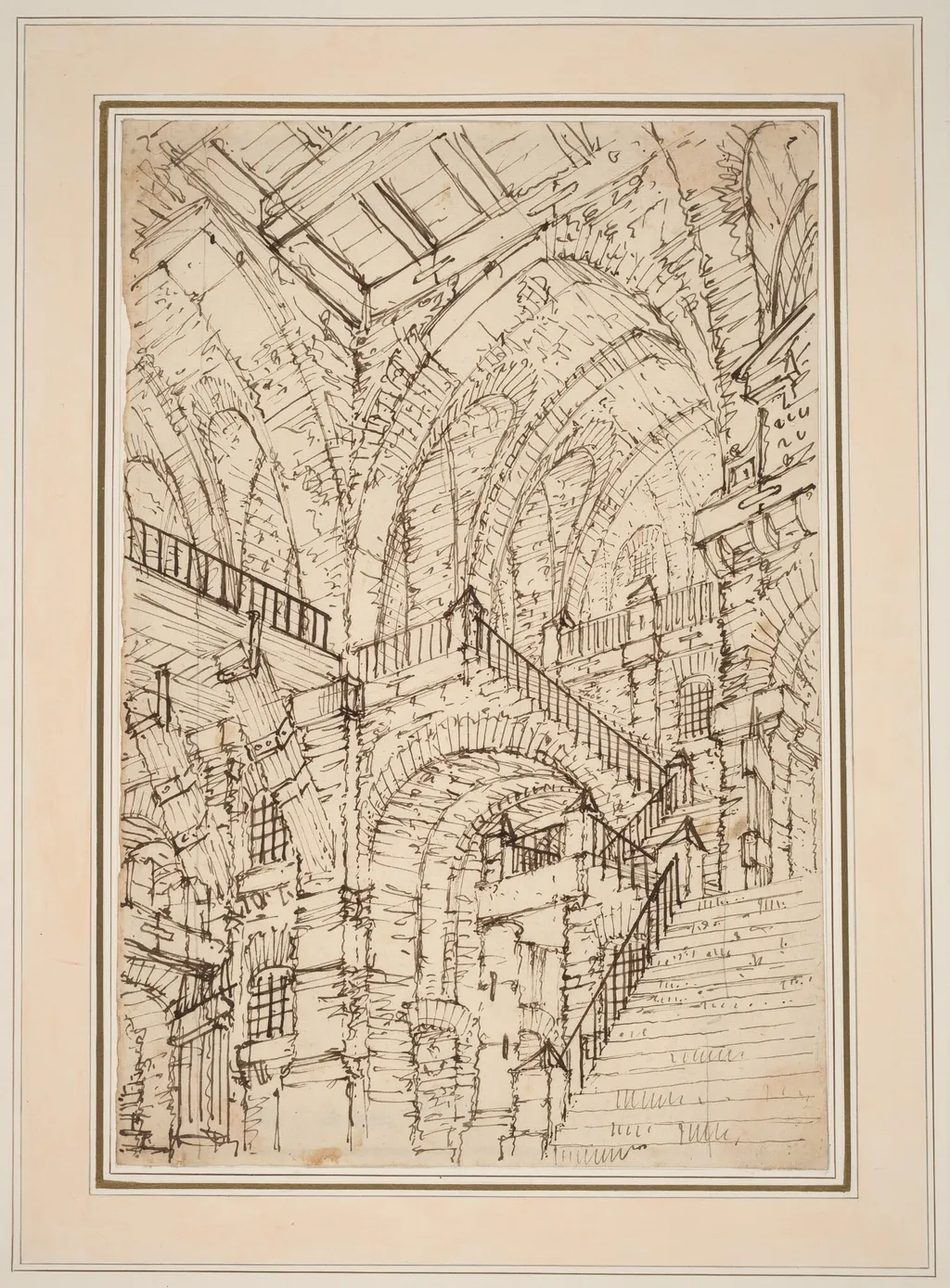 A Prison Interior with a Monumental Staircase, by Vincenzo Mazzi, ink, 1774