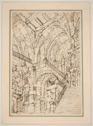 A Prison Interior with a Monumental Staircase, by Vincenzo Mazzi, ink, 1774