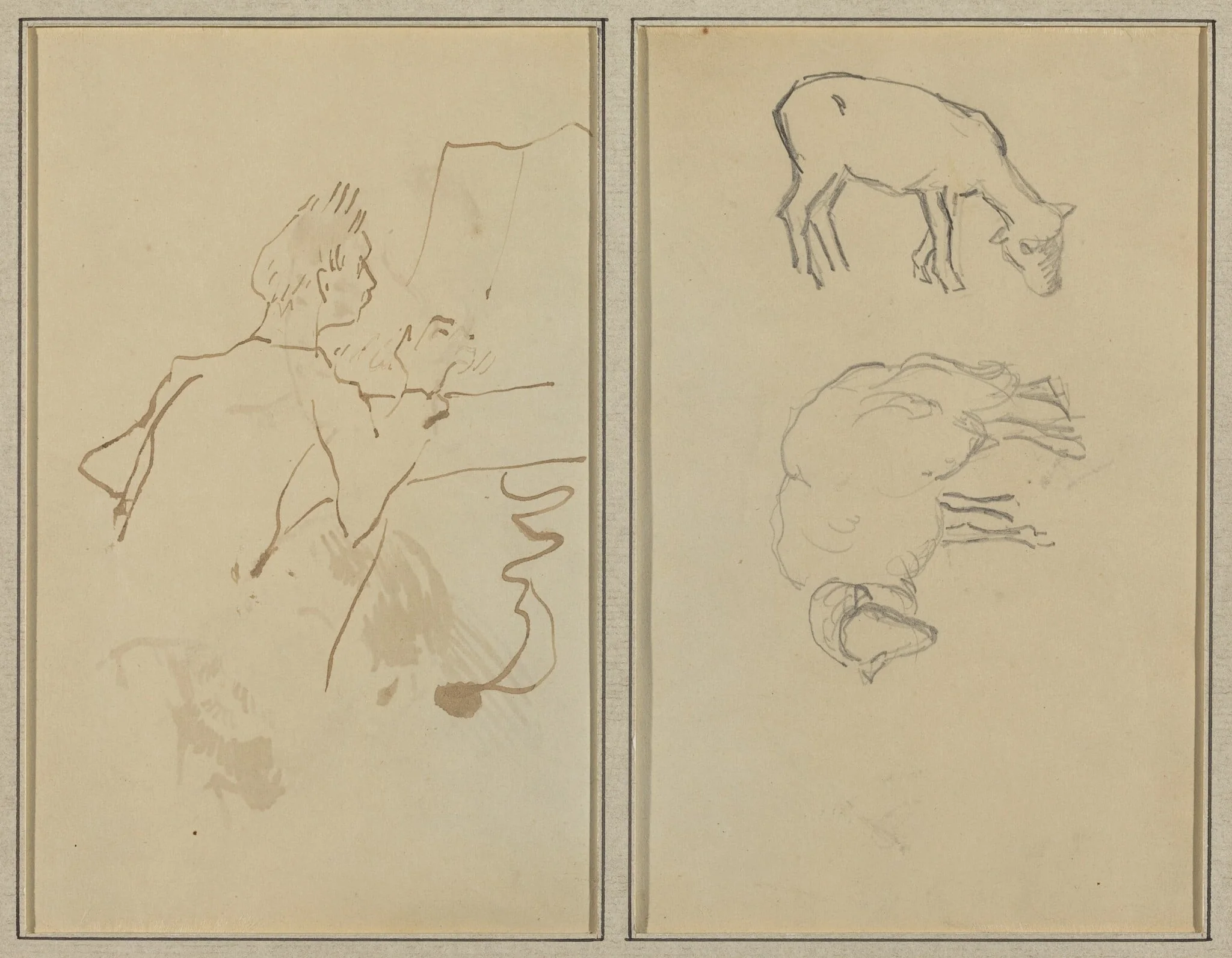 Man Playing Piano; Two Sheep [verso], detail