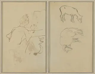 Man Playing Piano; Two Sheep [verso], by Paul Gauguin, ink, 1886