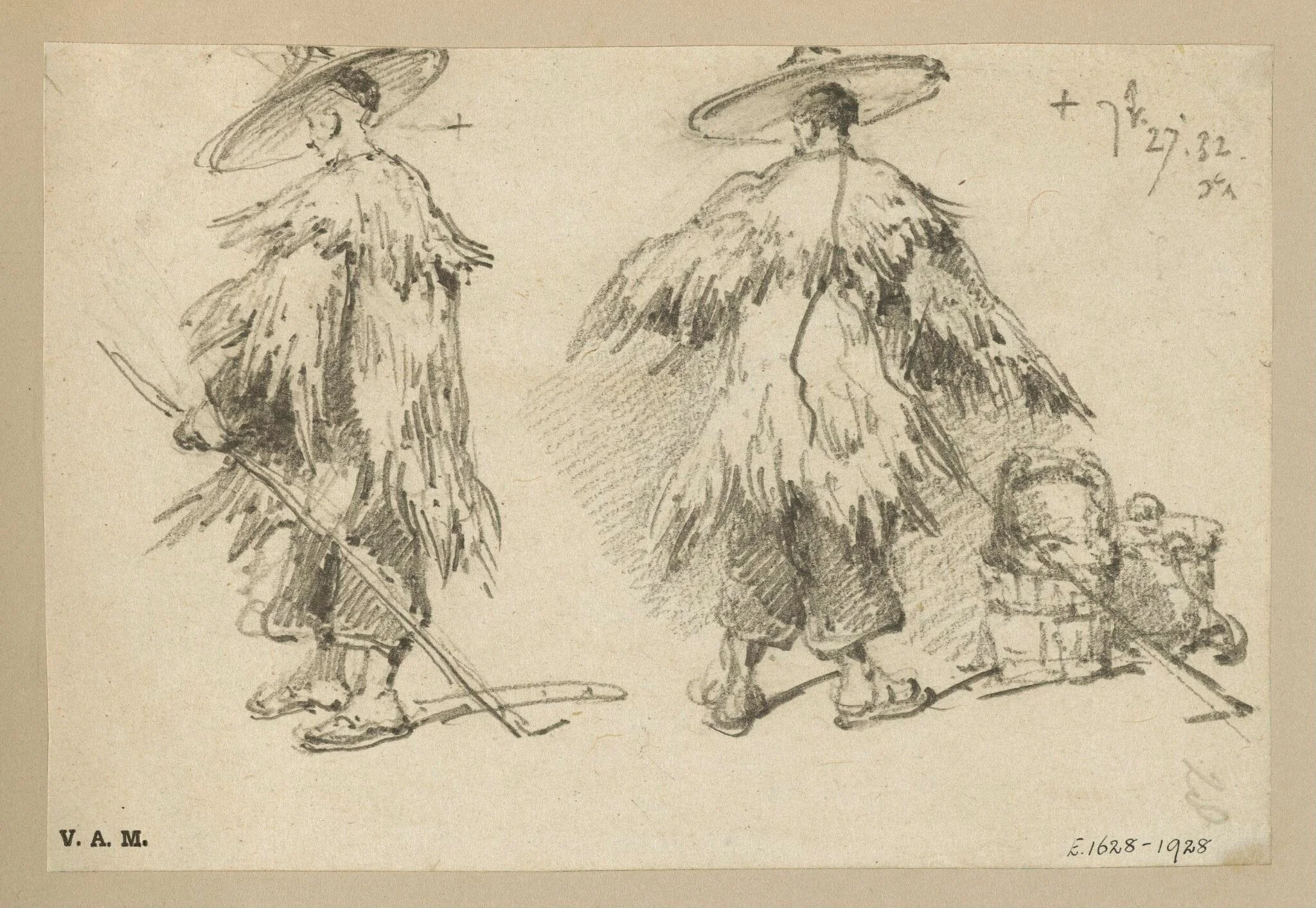 Two Chinese men in wet-weather dress, detail