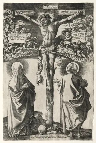 Christ on the cross between the virgin and St. John, by Hans Brosamer, 1542