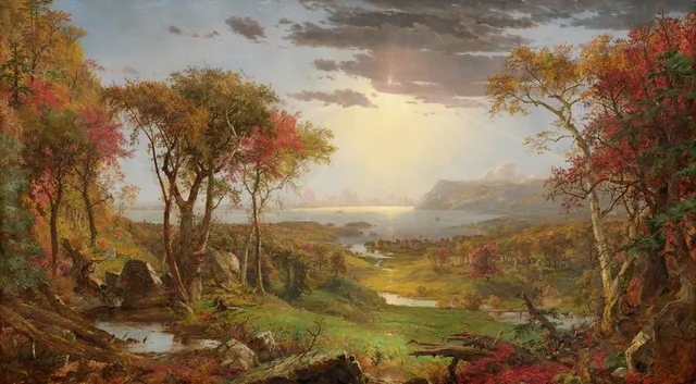 Autumn, On the Hudson River (1860), the nine-foot panorama Cropsey painted in London to argue the case for American color.