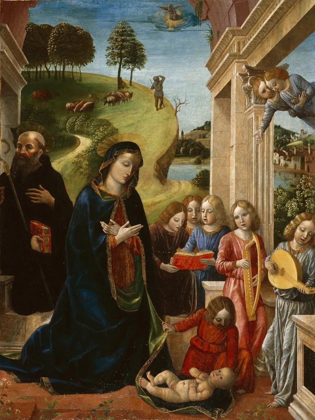 Adoration of the Child with St. Benedict and Angels, by Vincenzo Foppa, unspecified, 1490