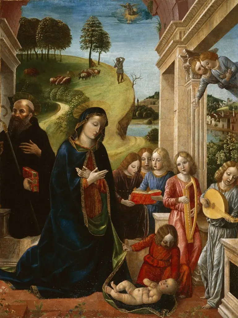Adoration of the Child with St. Benedict and Angels, by Vincenzo Foppa, unspecified, 1490