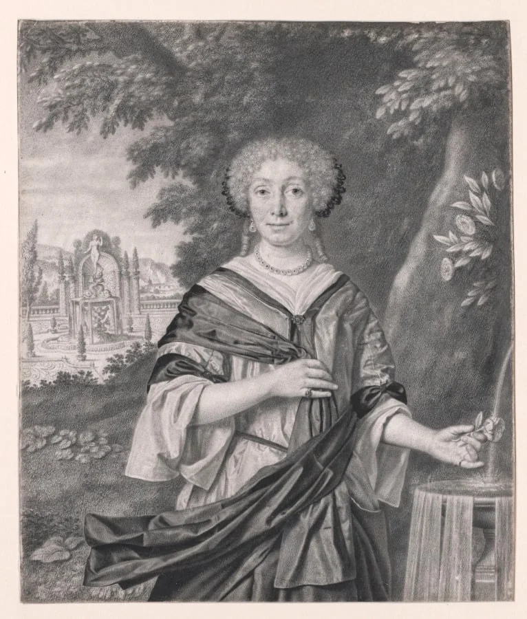 Portrait of a Woman near a Fountain, a Rose in Her Hand, detail