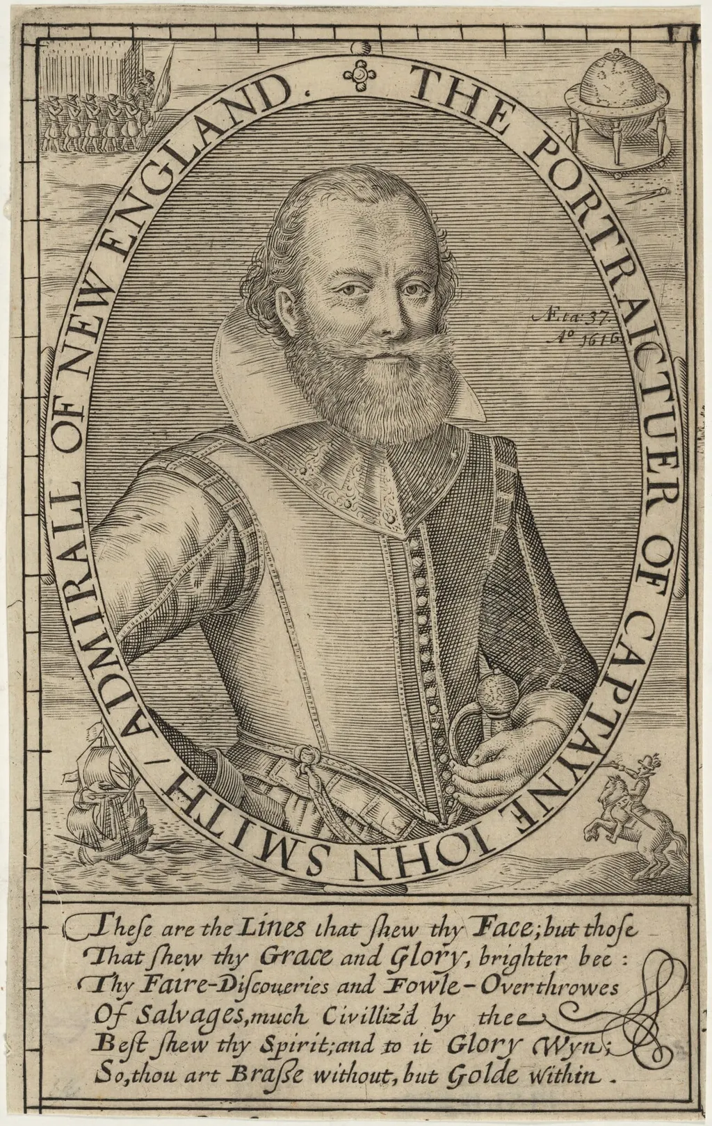 Captain John Smith, by Simon van de Passe, ink, 1621
