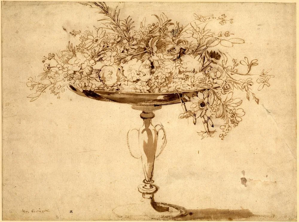 A tazza-shaped vase with flowers tumbling over the bowl, detail