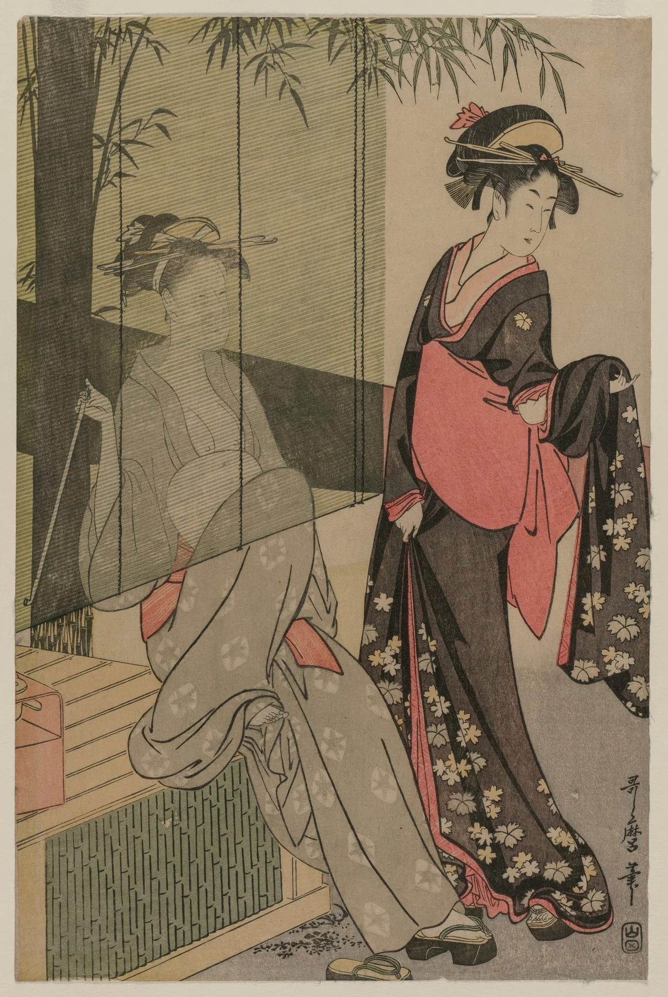 Two Women by a Bamboo Blind, detail