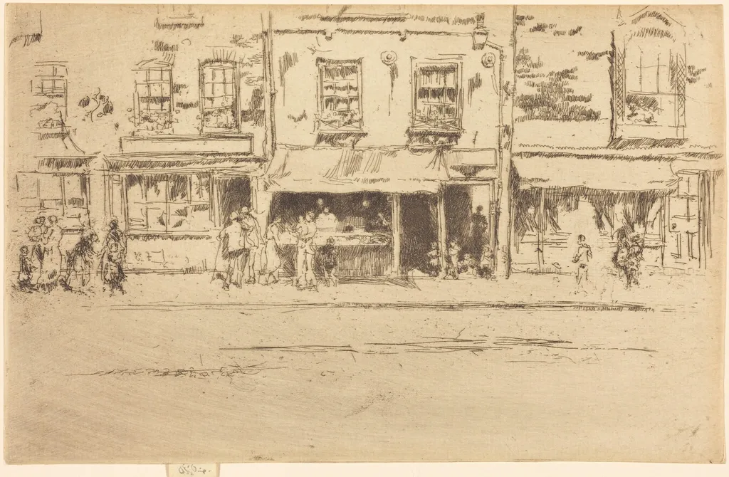The Fish Shop, Busy Chelsea, by James McNeill Whistler, ink, 1886