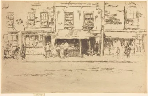The Fish Shop, Busy Chelsea, by James McNeill Whistler, ink, 1886