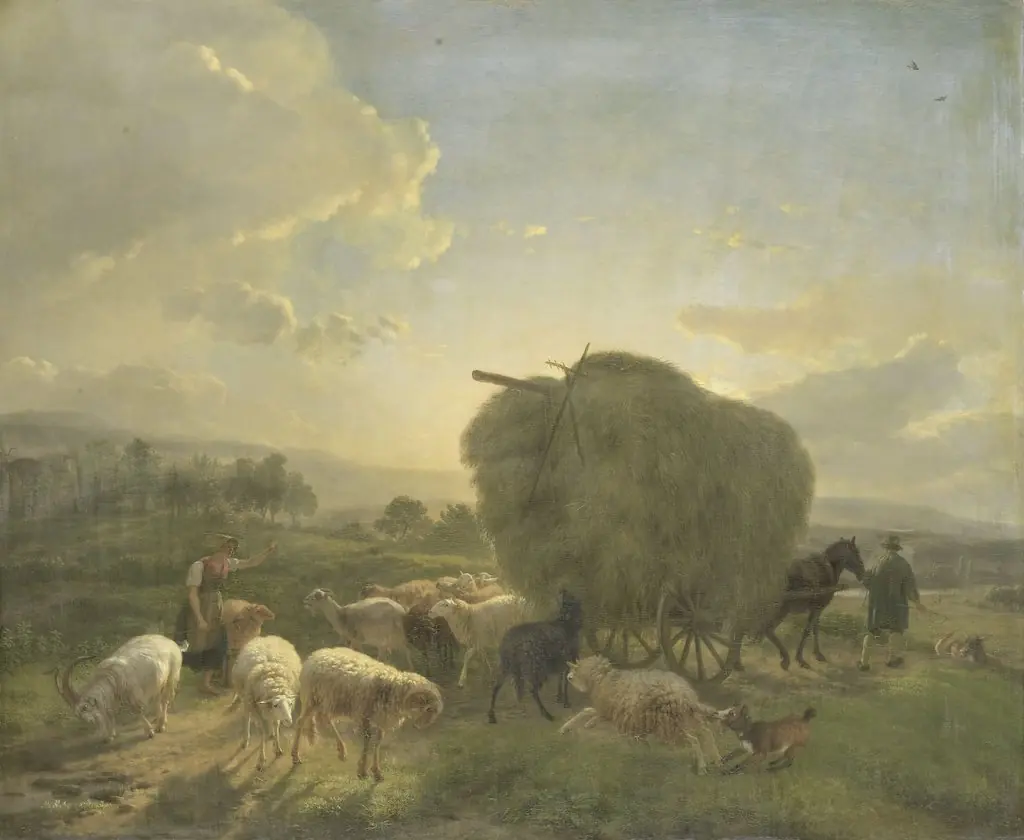 Landscape with Sheep and a Hay Wagon, by Balthasar Paul Ommeganck, oil, 1822
