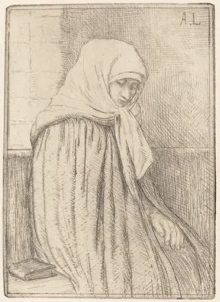 Young Peasant Seated in a Church (Jeune paysanne assise dans une eglise), by Alphonse Legros, ink, 1874