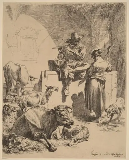 The Shepherd Seated on a Fountain and the Spinner, by Nicolaes Pieterszoon Berchem, ink, 1652