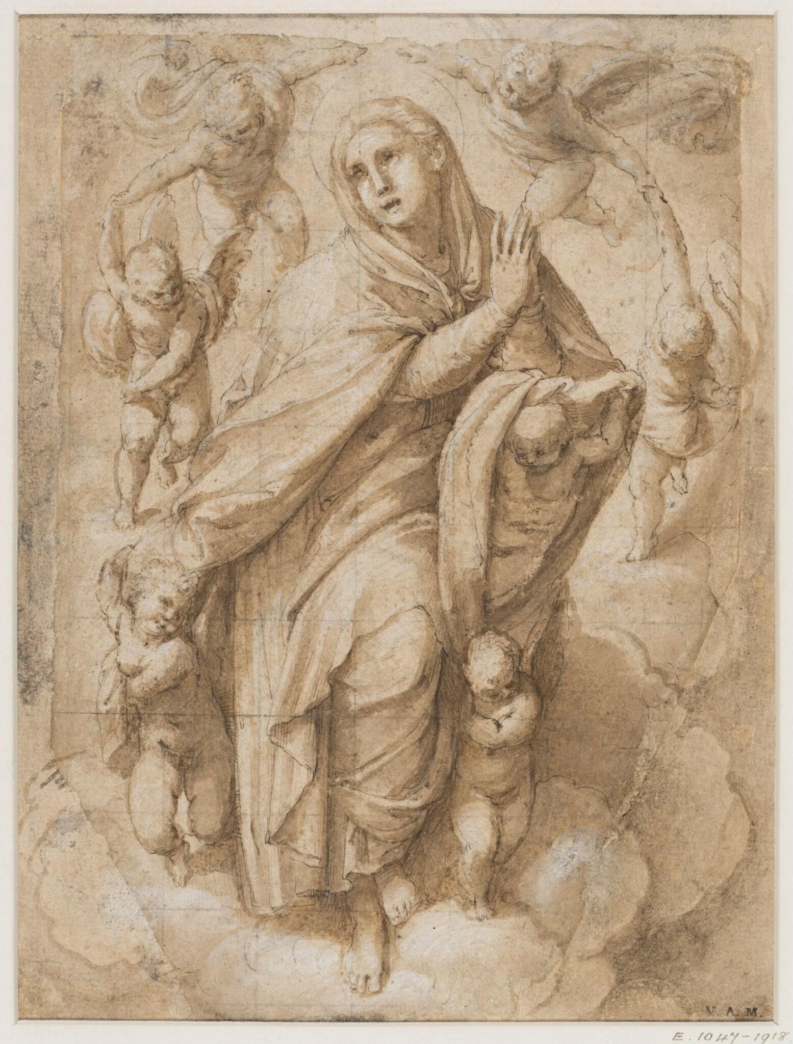 A female saint surrounded by cherubs, detail