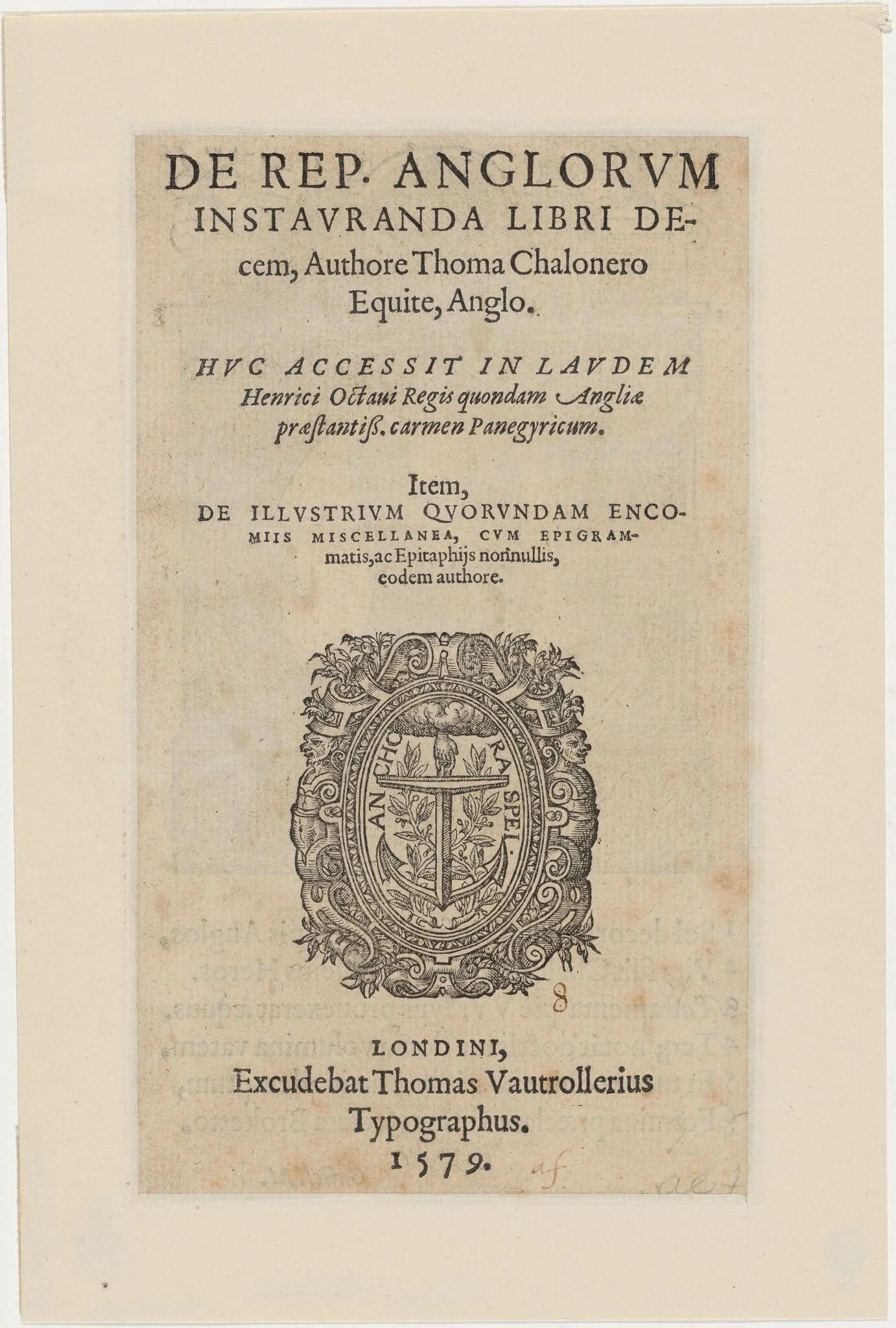 Title Page to De Republicae Anglorum by Thomas Chaloner, detail
