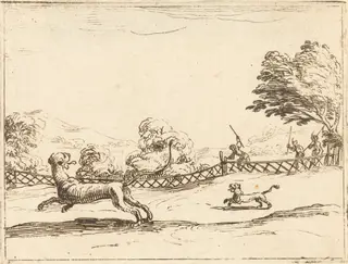 Lioness and Cub Pursued by Hunters, by Jacques Callot, ink, 1628