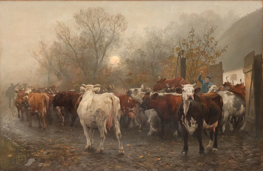 Driving Cows out of the Cowhouse, by Otto Bache, oil, 1893