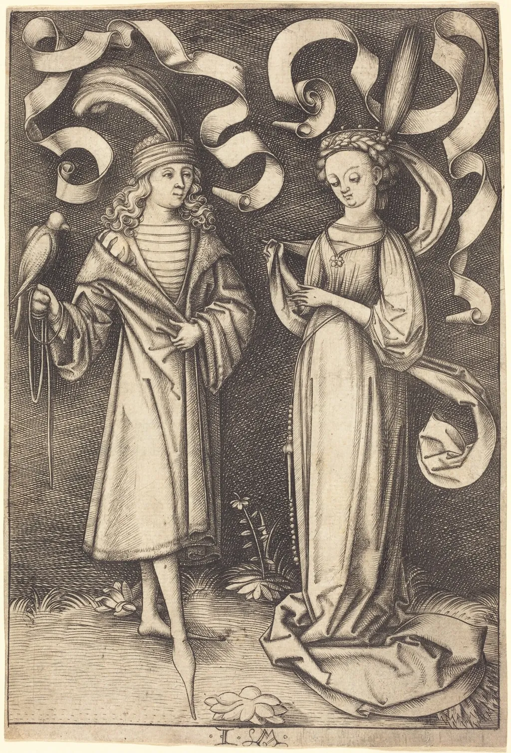 The Falconer and Noble Lady, by Israhel van Meckenem, ink, 1499