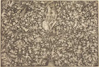 Ornament Panel with Two Lovers, by Israhel van Meckenem, ink, 1495