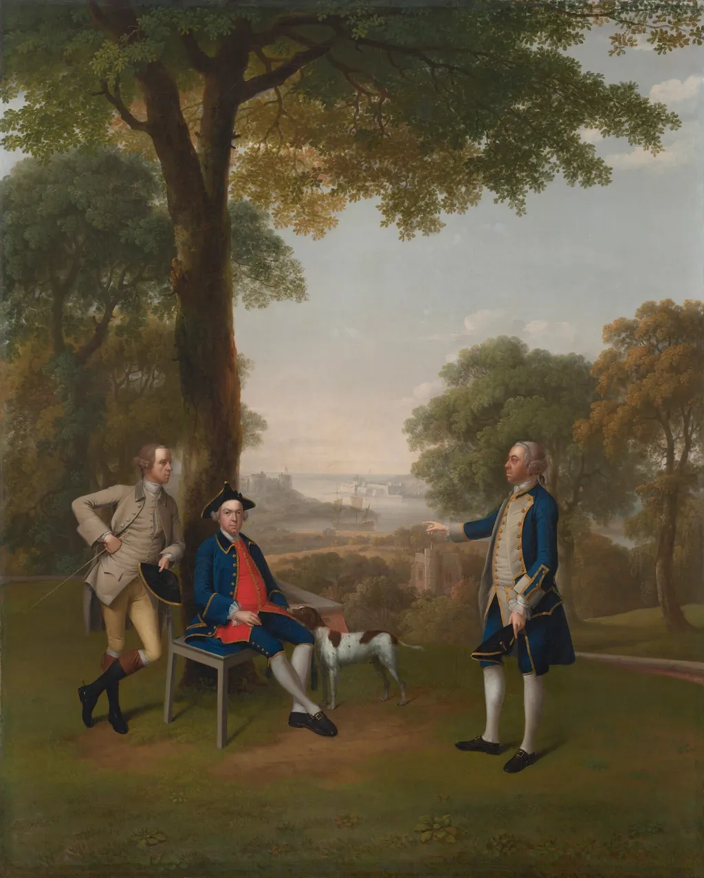 Arthur Holdsworth Conversing with Thomas Taylor and Captain Stancombe by the River Dart, by Arthur Devis, oil, 1757