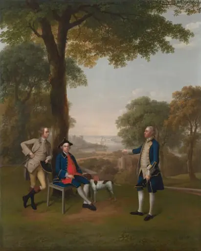 Arthur Holdsworth Conversing with Thomas Taylor and Captain Stancombe by the River Dart, by Arthur Devis, oil, 1757