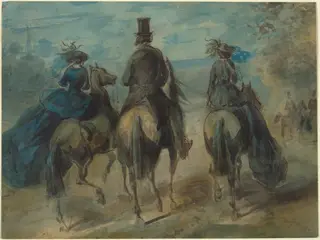 Promenade in the Bois, by Constantin Guys, ink, 1848