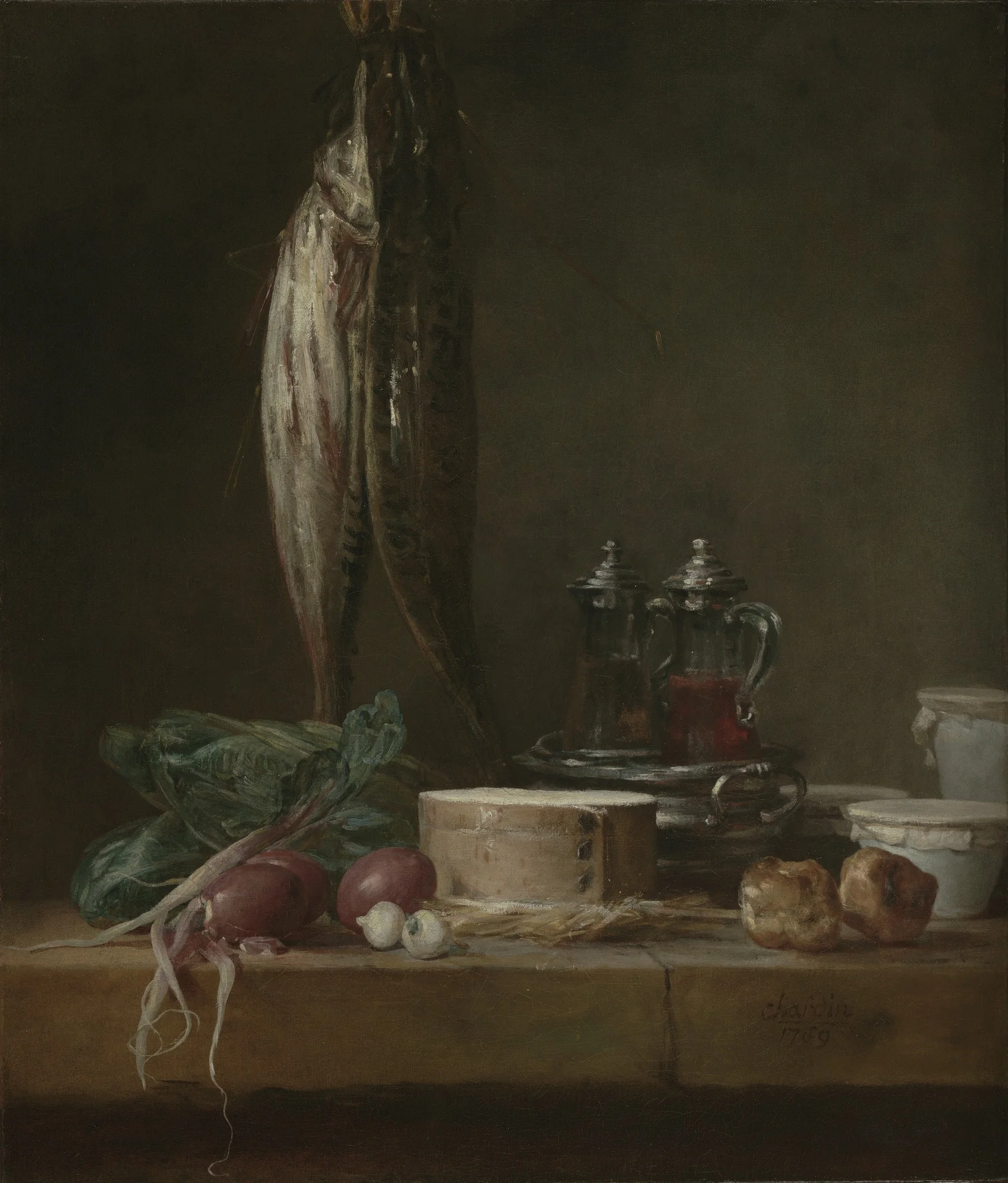 Still Life with Fish, Vegetables, Gougères, Pots, and Cruets on a Table, detail