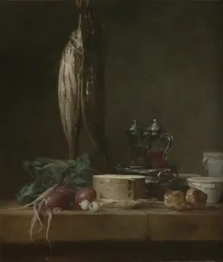 Still Life with Fish, Vegetables, Gougères, Pots, and Cruets on a Table, by Jean-Baptiste-Siméon Chardin, oil, 1769