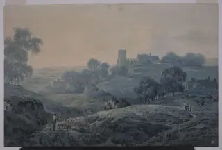 Landscape with church and cottages, by Pyne, watercolor, 1790